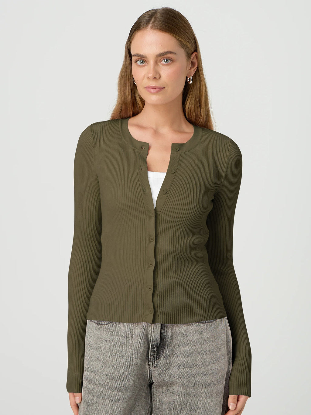 Women's Form-Fitting Knit Cardigan with Button Placket and Long Sleeves