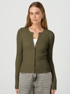 Women's Form-Fitting Knit Cardigan with Button Placket and Long Sleeves