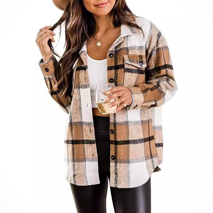 Women's Long-Sleeve Plaid Blouse with Chest Pockets