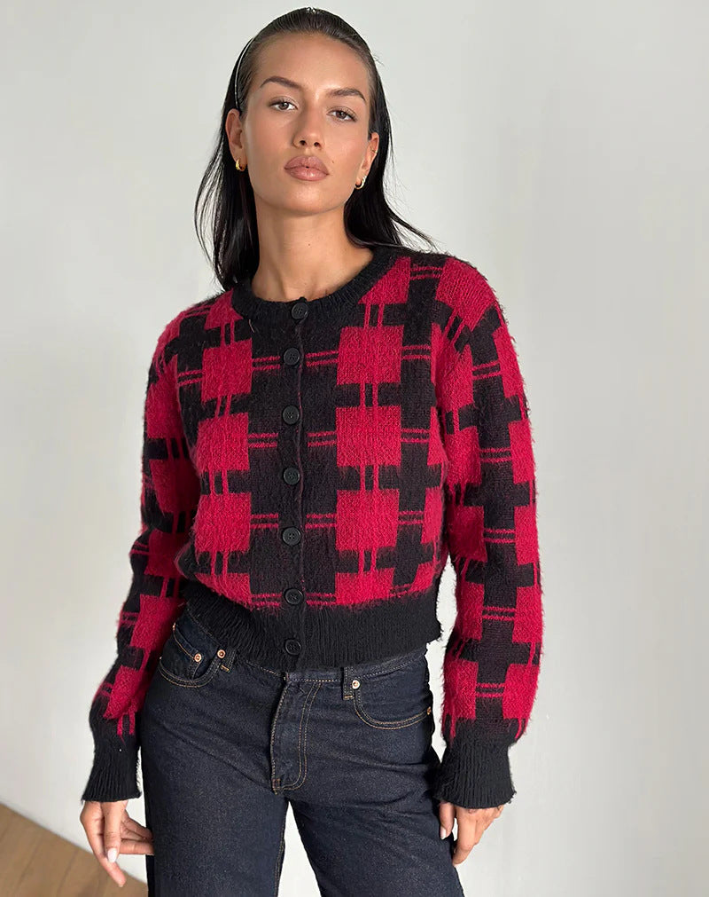 Women's Cropped Plaid Cardigan