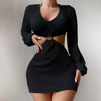 Women's Long-Sleeve Cut-Out Mini Dress with Knot Detail