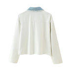 Women's Cropped Denim Jacket with Contrast Pockets and Frayed Hem