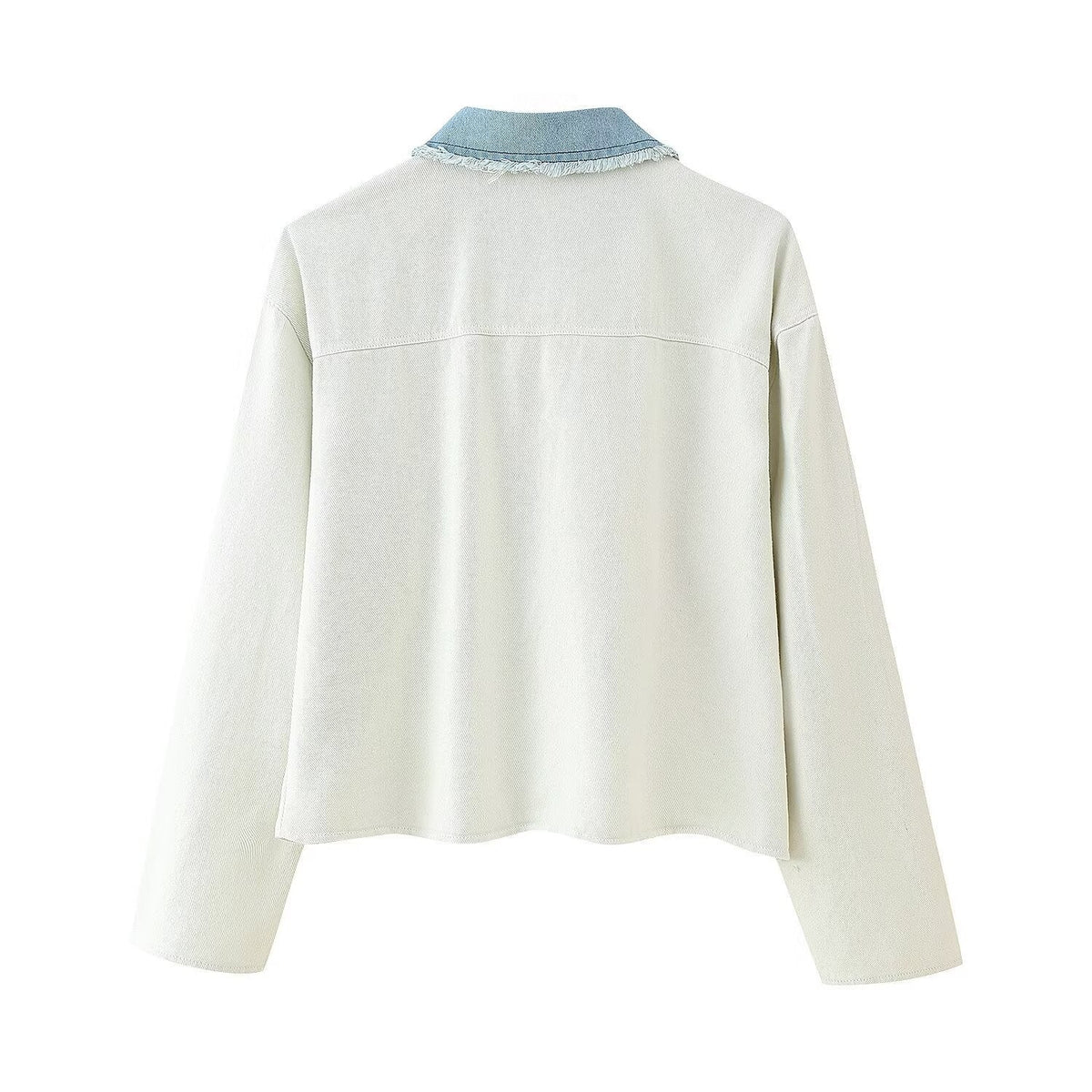 Women's Cropped Denim Jacket with Contrast Pockets and Frayed Hem
