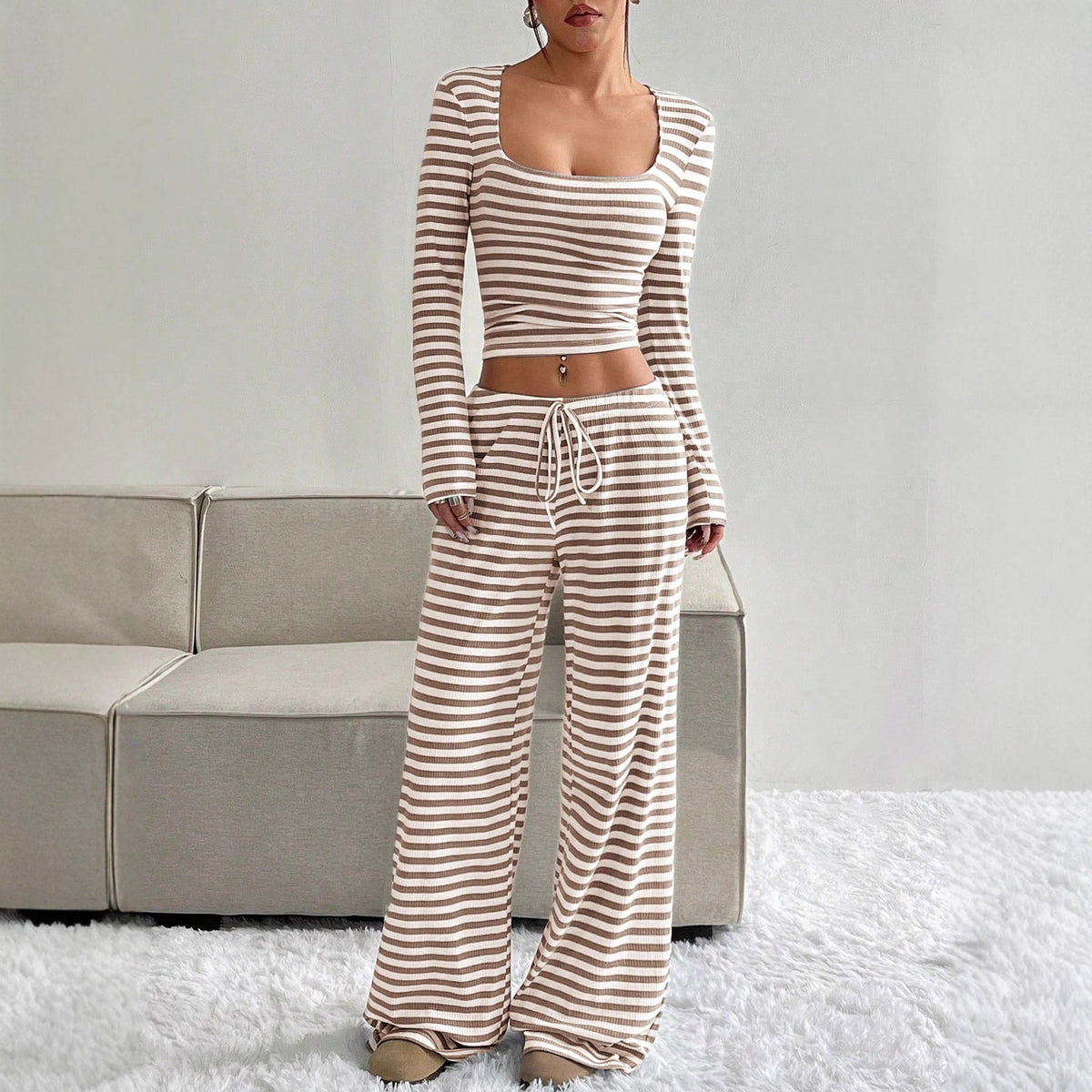 Women's Comfortable Lounge Set with Casual Cut and Wide-Leg Pants