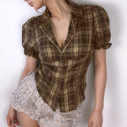 Women's Plaid Shirt with Puff Sleeves and Button Detail