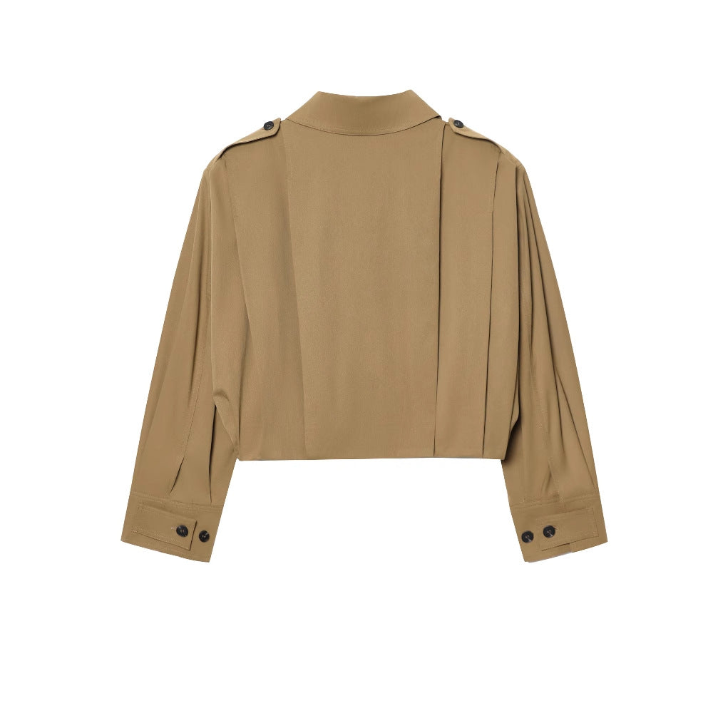 Women's Cropped Jacket with Decorative Buttons and Pleats