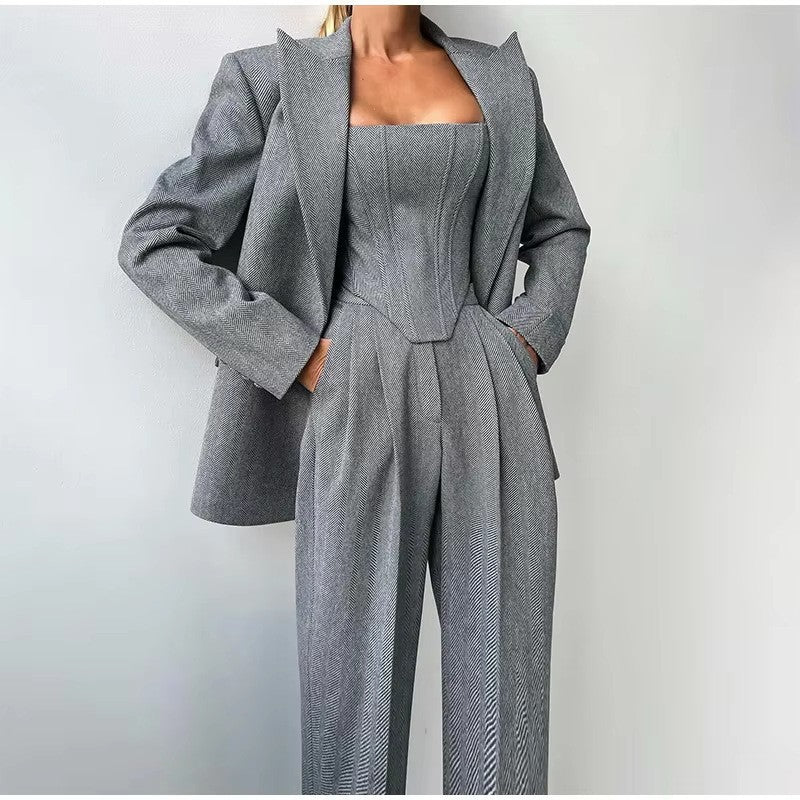 Blazer Suit with Fitted Top and Wide-Leg Trousers