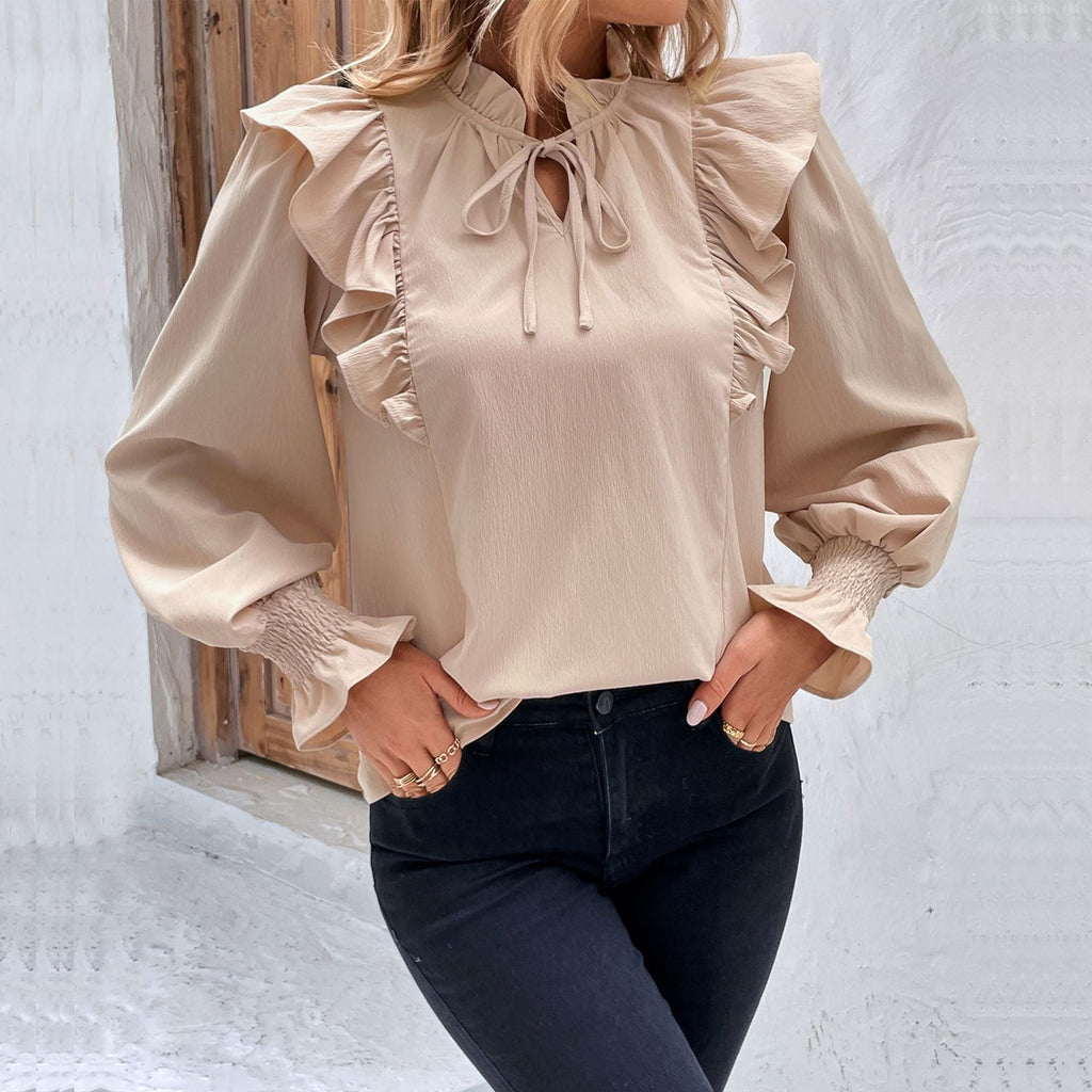 Women's Elegant Blouse with Ruffle Details and Tie Neck