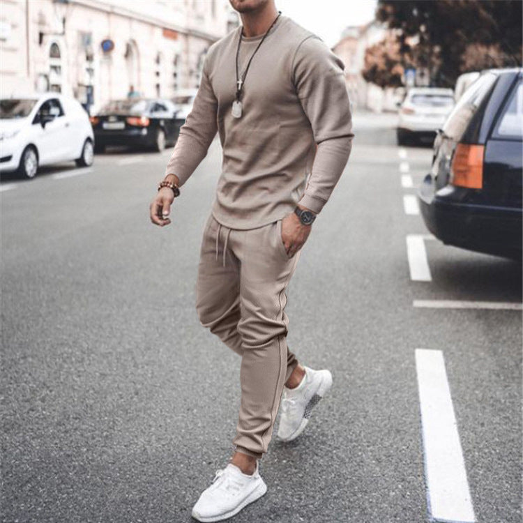 Men's Casual Crew Neck Training Set made of Stretch Cotton Blend with Drawstring Joggers