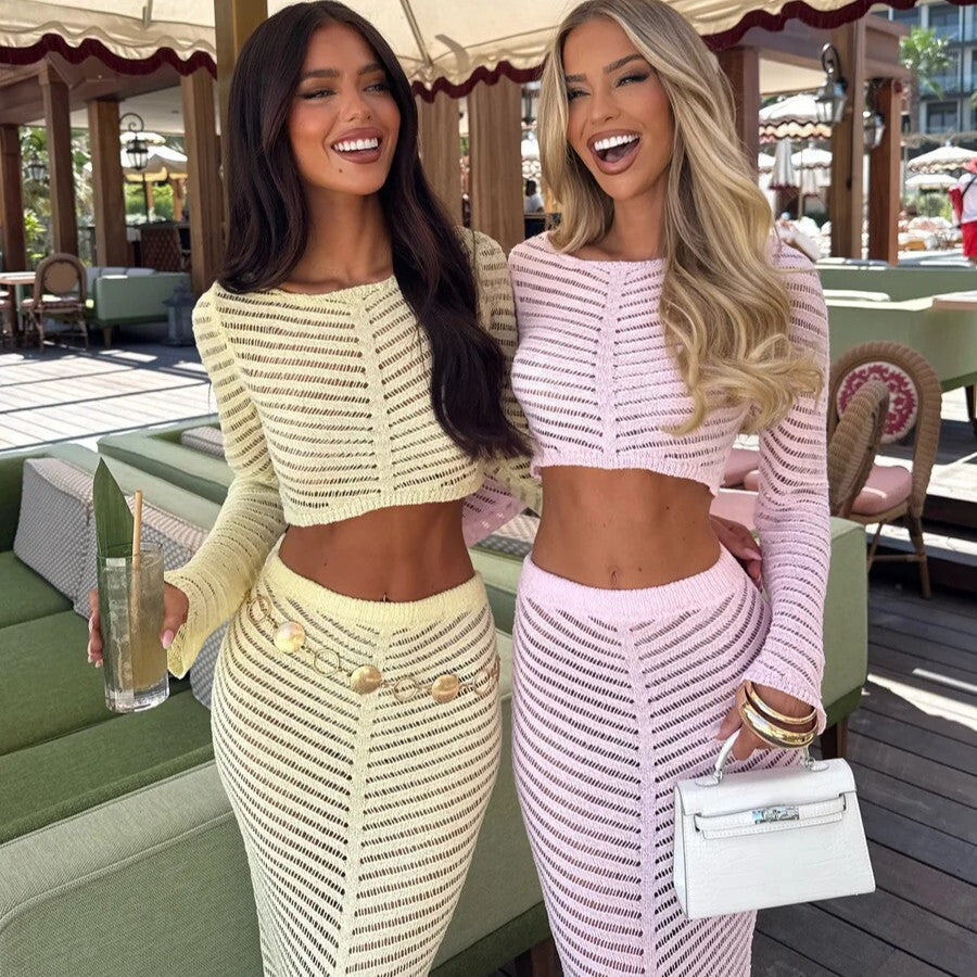 Women's Elegant Crocheted Set with Long-Sleeve Crop Top and Figure-Hugging Skirt