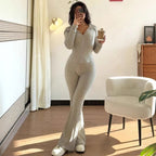 Women's High-Quality Knit Suit with Zipper and Wide Leg