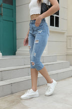 Women's Distressed High-Waisted Denim Capris