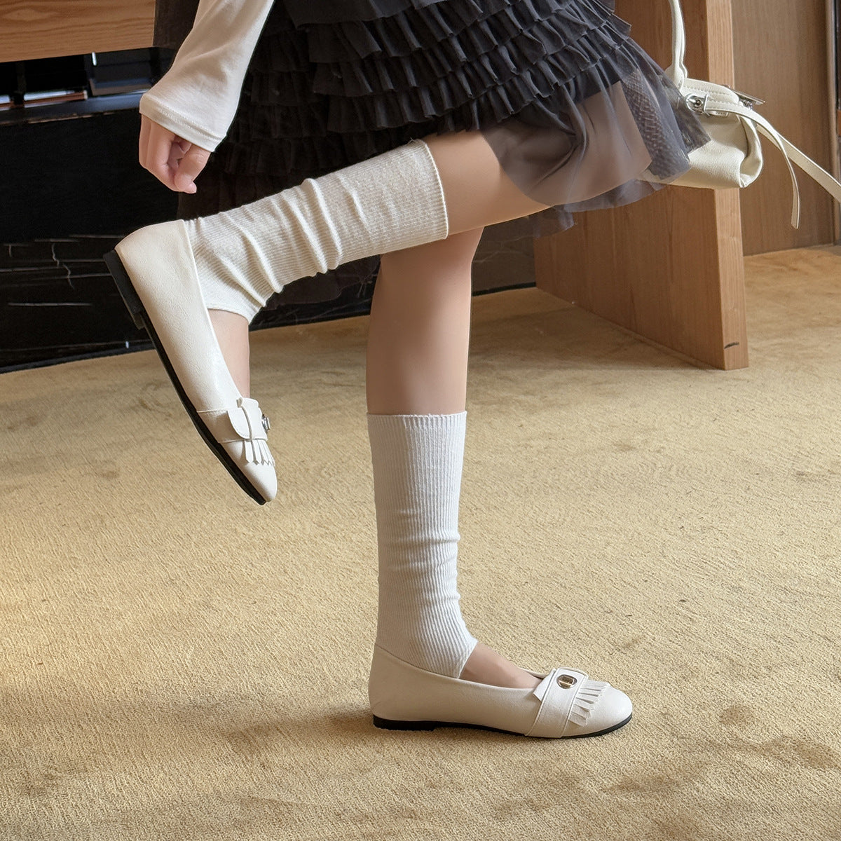 Women's Ballet Flats with Decorative Fringe and Elegant Buckle