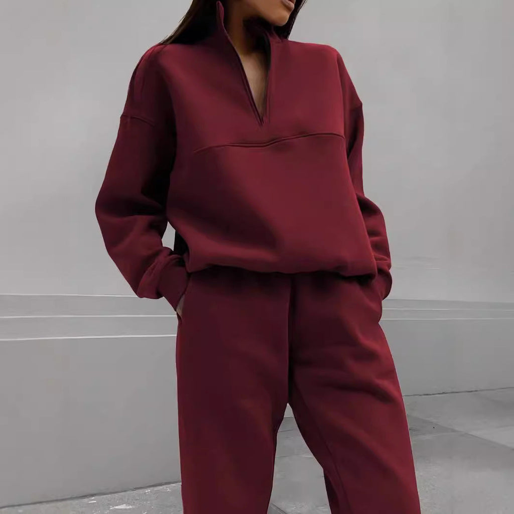 Women's Casual Tracksuit with High Collar and Half-Zip