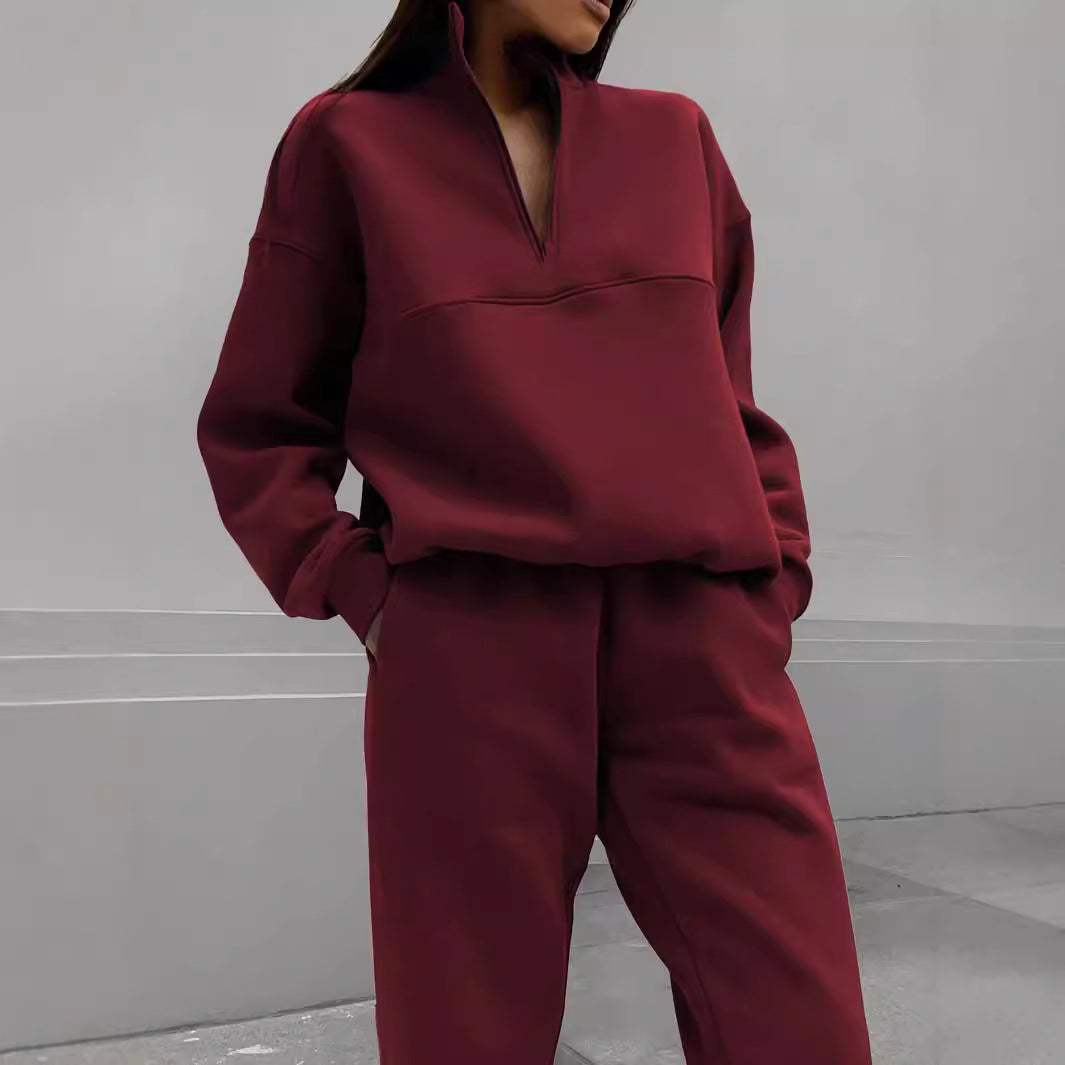 Women's Casual Tracksuit with High Collar and Half-Zip