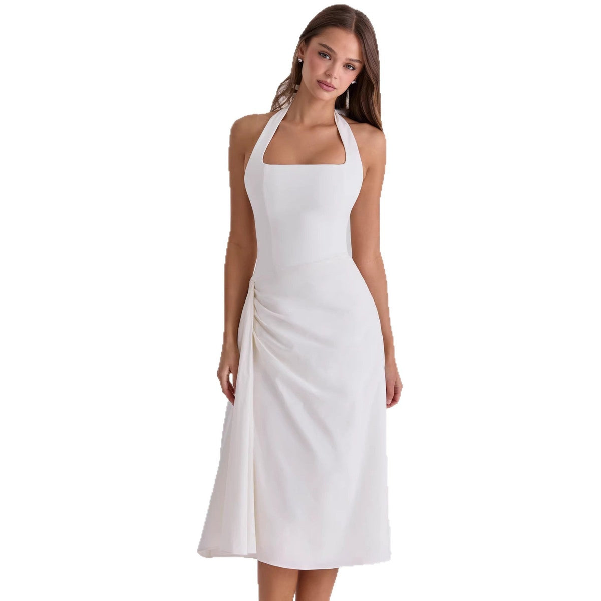 Women's Cocktail Dress with Side Draping and Halterneck Design