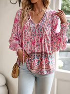 Women's Blouse with Floral Patterns and Tie Neckline