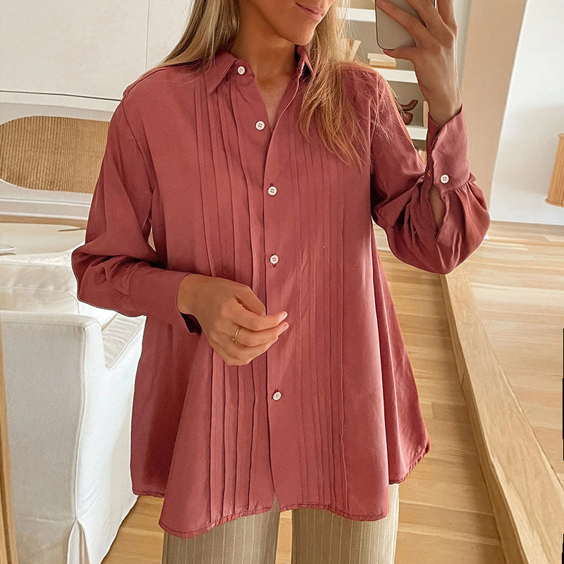 Women's Blouse with Elegant Pleated Texture and Semi-High Collar