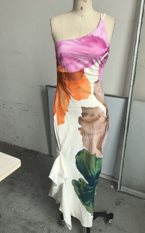 Women's Asymmetrical Maxi Dress with Floral Patterns and Ruffle Details