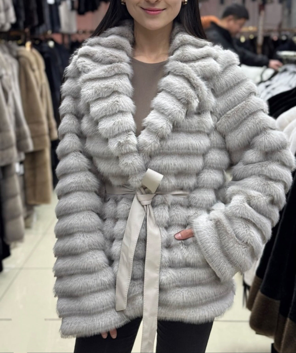 Women's Fluffy Bouclé Cardigan with Tie Belt