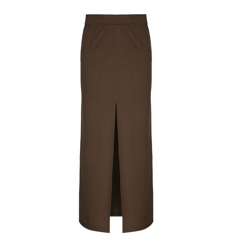 Women's Elegant Midi Skirt with Side Slit and Elastic Waistband