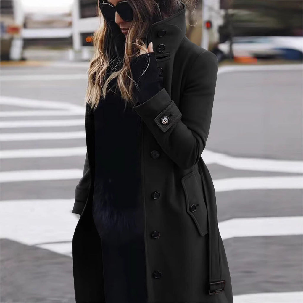 Women's Fashionable Trench Coat with High Collar and Elegant Buttons