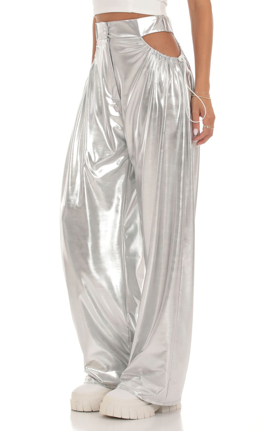 Women's High-Waist Baggy Trousers with Cut-Out Details and Shiny Finish