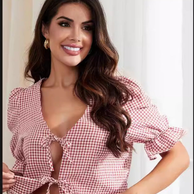 Women's Blouse with Ruffle Details and Tie Front