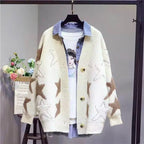 Women's Chunky Knit Cardigan with Star Pattern and Deep V-Neck