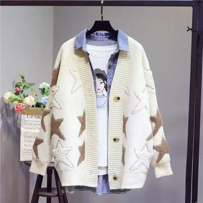 Women's Chunky Knit Cardigan with Star Pattern and Deep V-Neck