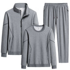Men's Three-Piece Performance Training Set with Stand Collar Zip Jacket, Round Neck Sweater & Tapered Jogging Pants