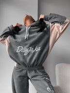 Women's Cozy Hoodie Set with Contrast Sleeves and High-Waist Joggers