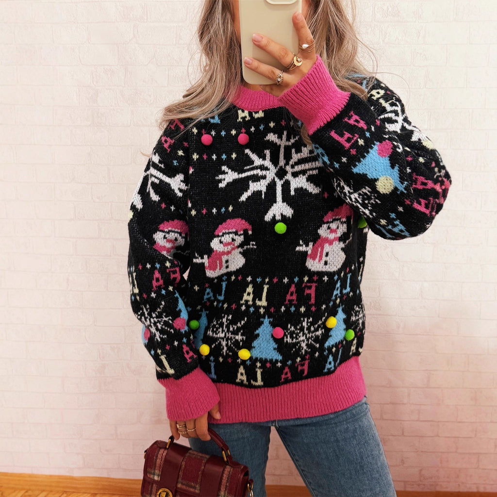 Women's Festive Sweater with Colorful Holiday Motifs and Playful Details