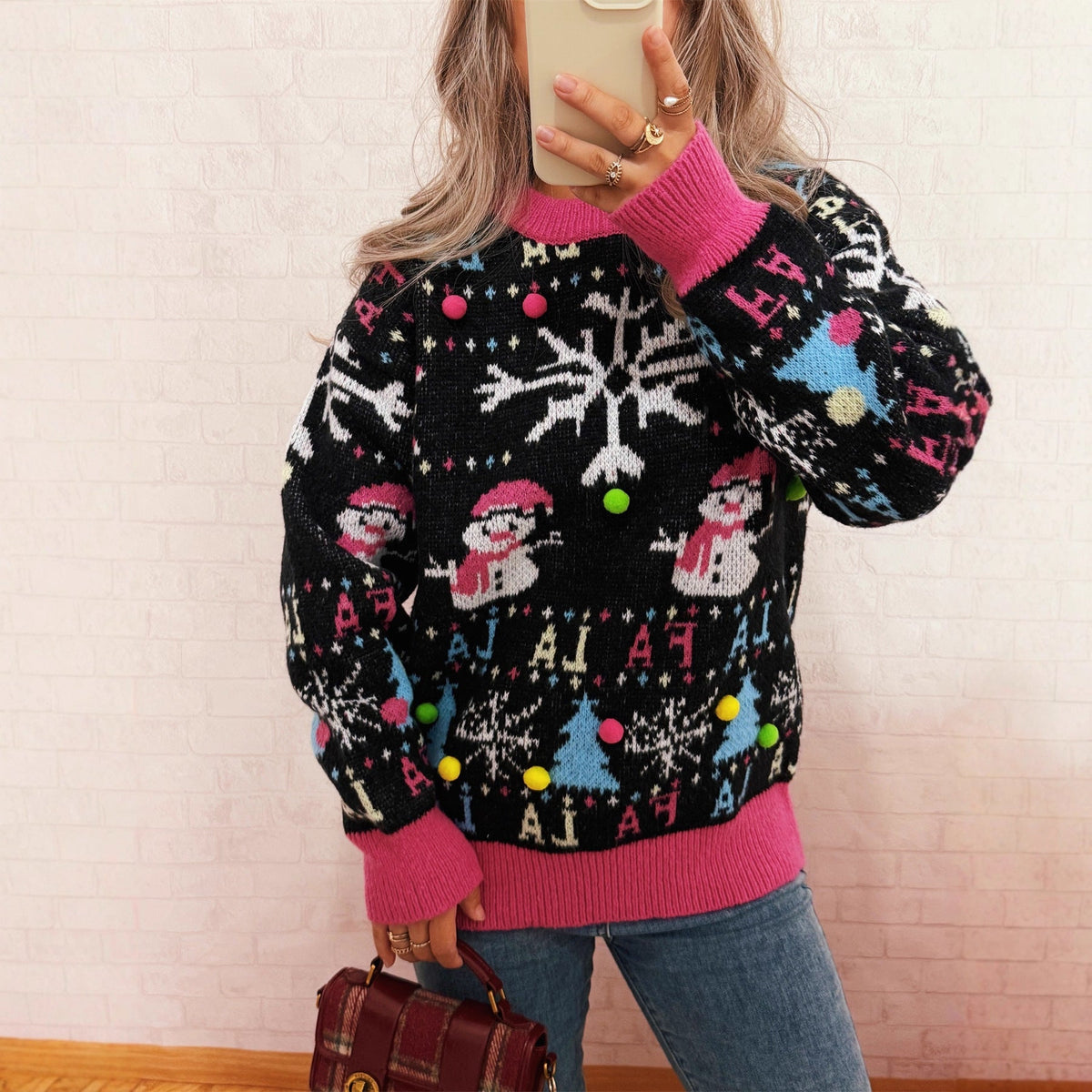 Women's Festive Sweater with Colorful Holiday Motifs and Playful Details