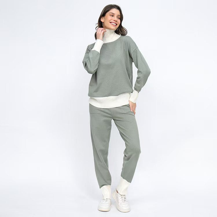 Women's Comfortable Knit Loungewear Set with High Collar and Elastic Cuffs
