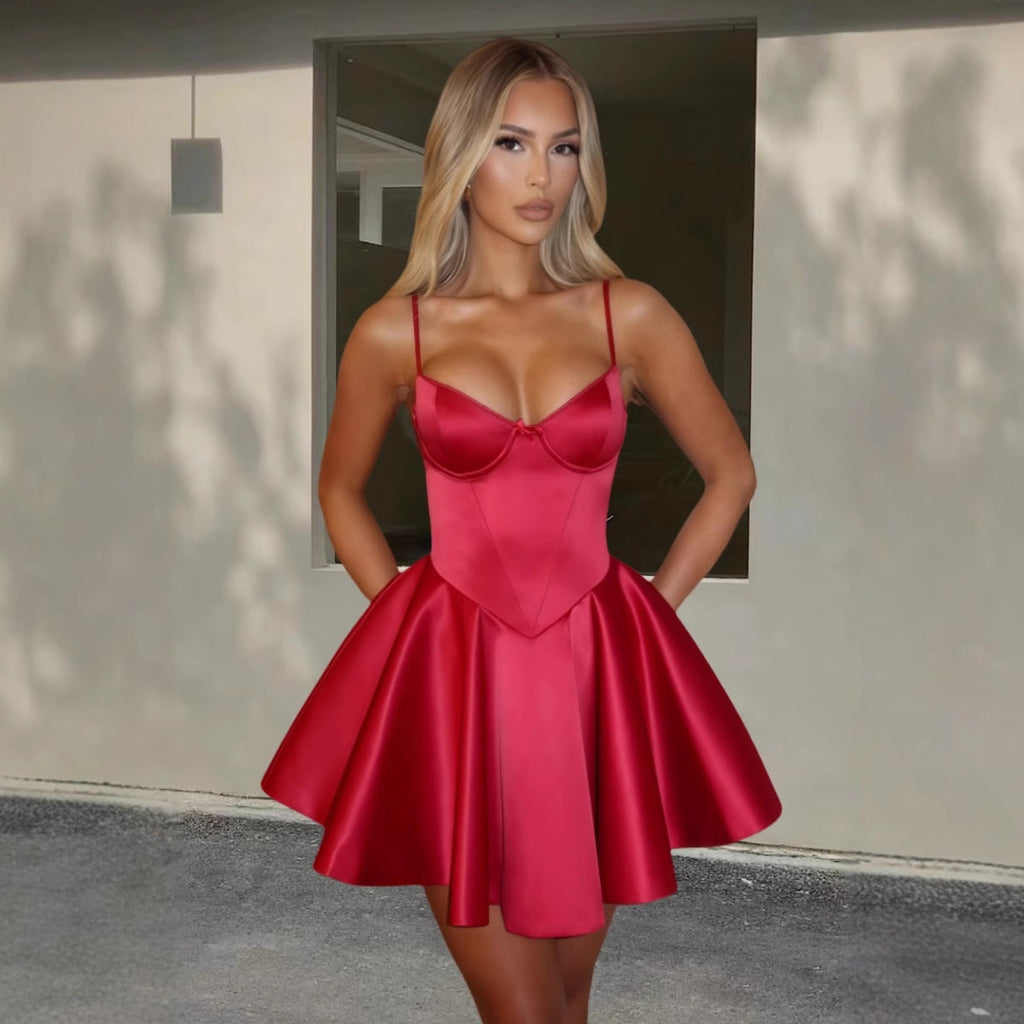 Women's Couture Mini Dress with A-Line Cut and Spaghetti Straps