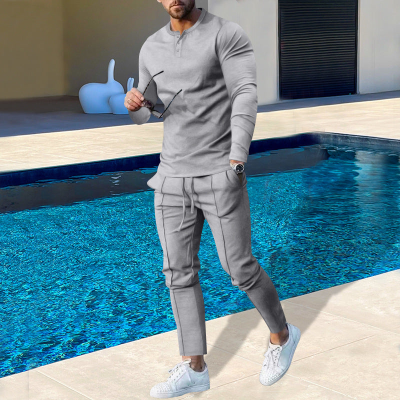 Men's nano athletic Henley long sleeve shirt and tapered jogging pants with decorative seams