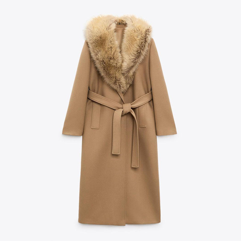 Women's Elegant Trench Coat with Cozy Faux Fur Collar and Adjustable Belt