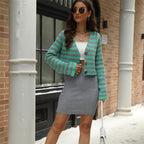 Women's Striped Cropped Knit Cardigan with Decorative Buttons