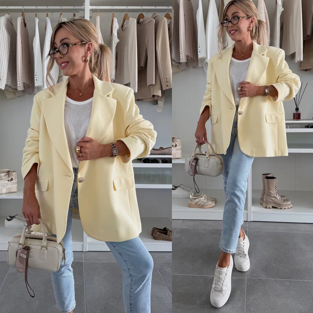 Women's Elegant Oversized Blazer with Deep Lapel and Pockets