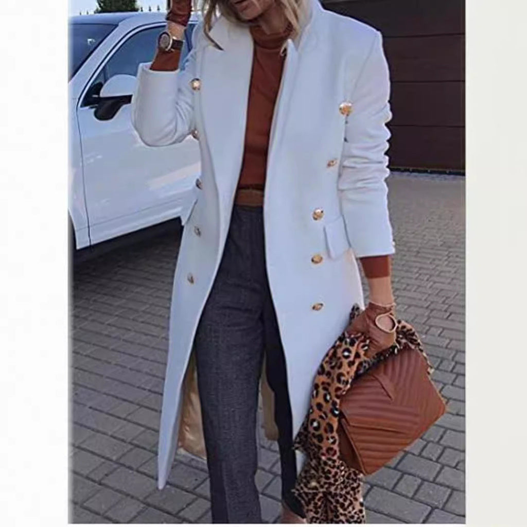 Women's Elegant Double-Breasted Coat with Gold Buttons and Tailored Fit