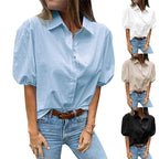 Women's Blouse with Puff Sleeves and Classic Collar