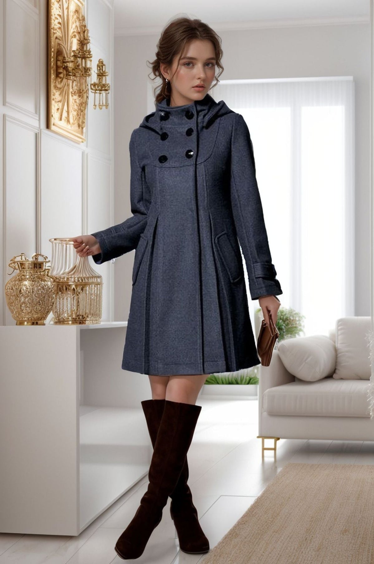 Elegant Hooded Coat with Double-Breasted Buttons and Side Pockets