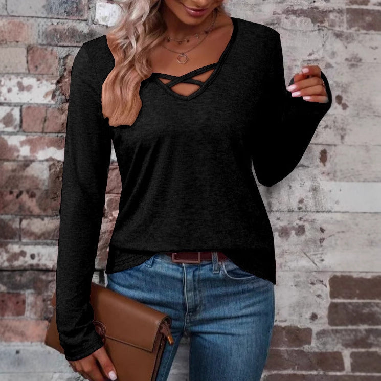 Women's Long Sleeve Shirt with Cross Neckline