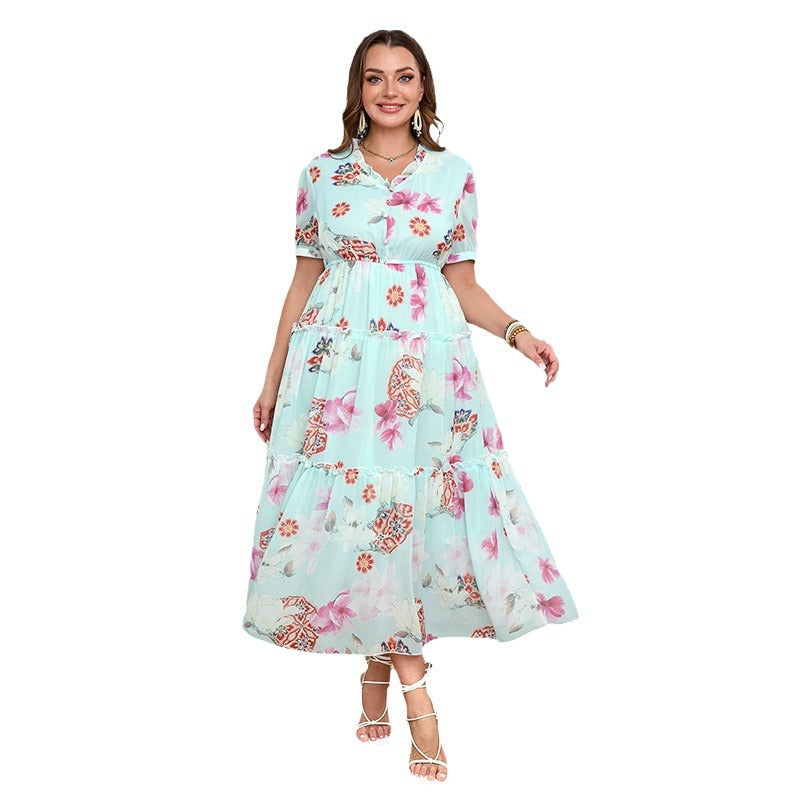 Women's Bohemian Maxi Dress with Voluminous Skirt and Floral Design