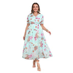 Women's Bohemian Maxi Dress with Voluminous Skirt and Floral Design