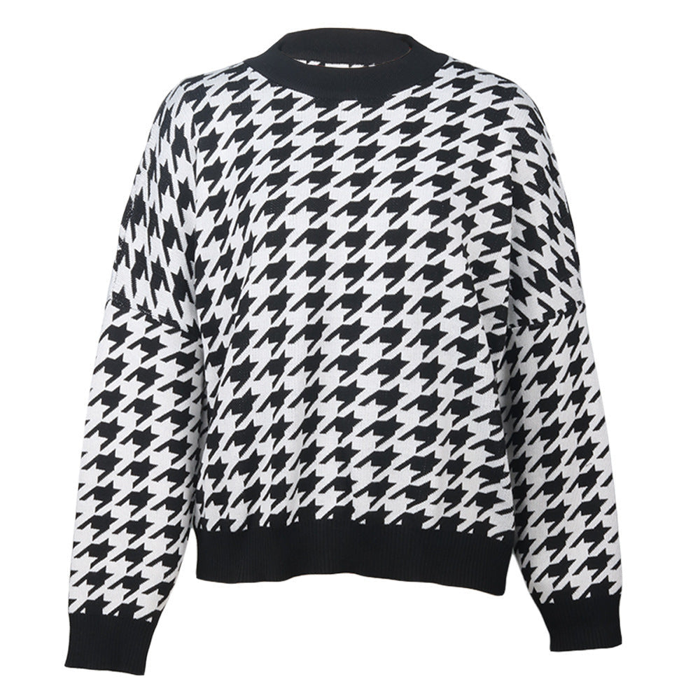 Women's Cozy Houndstooth Knit Sweater with Wide Sleeves