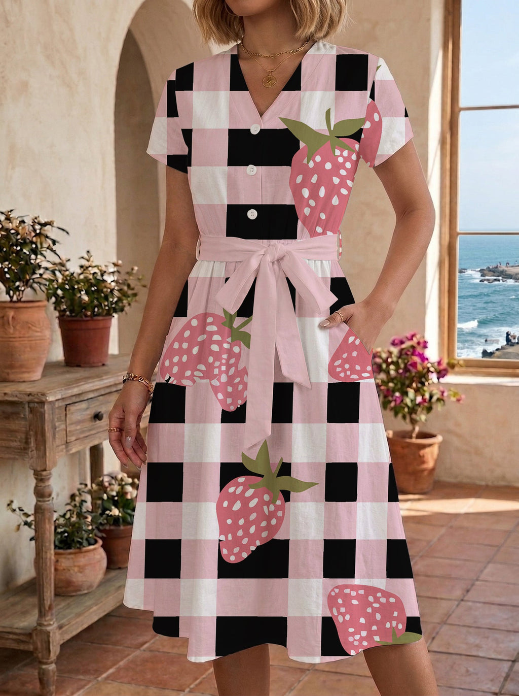 Women's Floral Midi Dress with Adjustable Belt