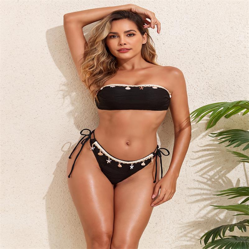 Women's Bandeau Bikini with Elegant Lace Trim and Adjustable Straps