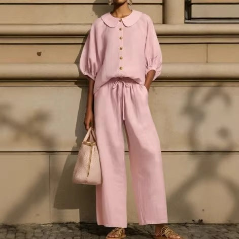 Women's Airy Two-Piece Set with Modern Collar and Button Details